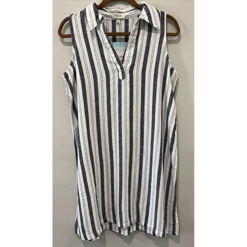 Per Se Mini‎ Dress Size M Linen Blend Sleeveless Striped Beach Coastal Nautical